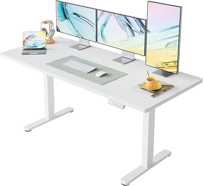 HUANUO 63 x 28 inch Electric Standing Desk Adjustable Height, 4 Memory Height Settings, Sit Stand Up Desk for Home Office & Computer Workstation, White