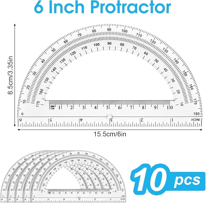 Hoiny 10 Pack Clear Protractor, 6 Inch Plastic Protractors, 180 Degrees Accurate Math Geometry Tools for School, Office, Classroom (Clear)