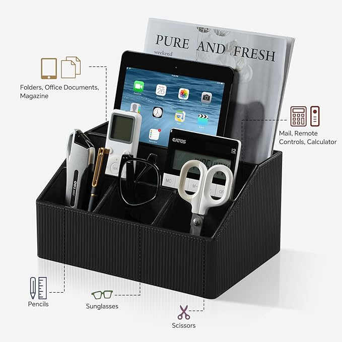 Cretkhp Remote Control Holder with 5 Compartments for Office Art Supplies, PU Leather Nightstand Organizer Pencil Pen Desk Caddy for Home, Desktop TV Remote Control Organizer Storage (Striped Black)