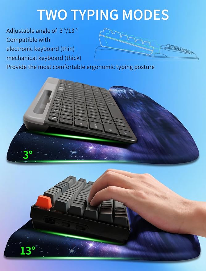 KUOSGM Ergonomic Wave Wrist Rest with Keyboard Stand, Cushioned Palm Rest, Comfortable Integrated Memory Foam for Natural Typing and Relieve Wrist Pain, Moon and Starry Sky