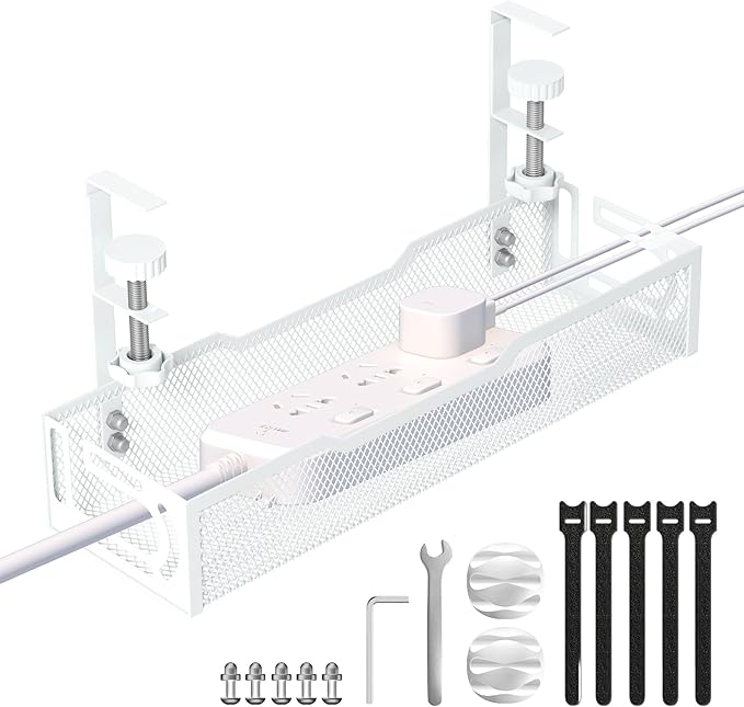 Under Desk Cable Management Tray, No Drill Mesh Desk Cable Tray, Wire Management Tray Cable Management Rack, Wire Organizer and Cable Management Box (White)