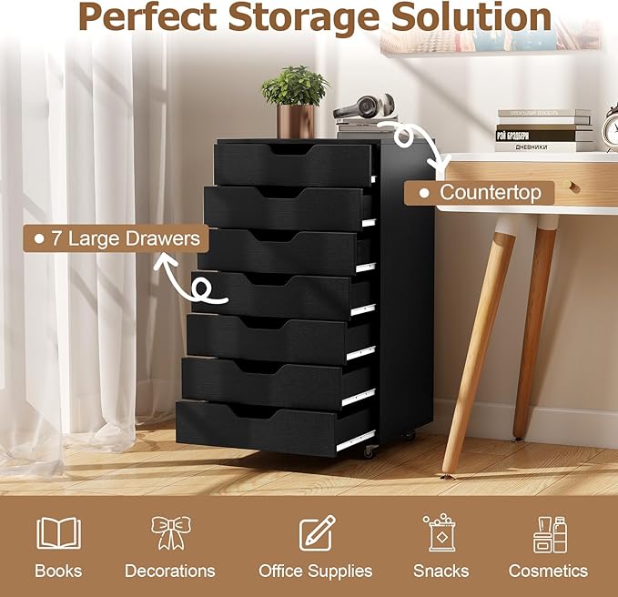 Giantex 7-Drawer Storage Cabinet, Mobile File Organizer with 4 Universal Casters, Wooden Vertical Filing Cabinet on Lockable Wheels for Office, Study, Living Room (19.5” x 16” x 34.5”,Black)