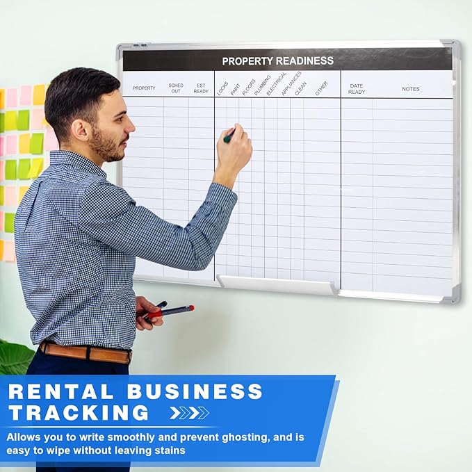 Lincia Property Readiness Dry Erase Whiteboard Magnetic Dry Erase Board with Lines Sliding Marker Tray Aluminum Frame White Board Planner for Wall Property Management Track Office Supplies(36" x 24")