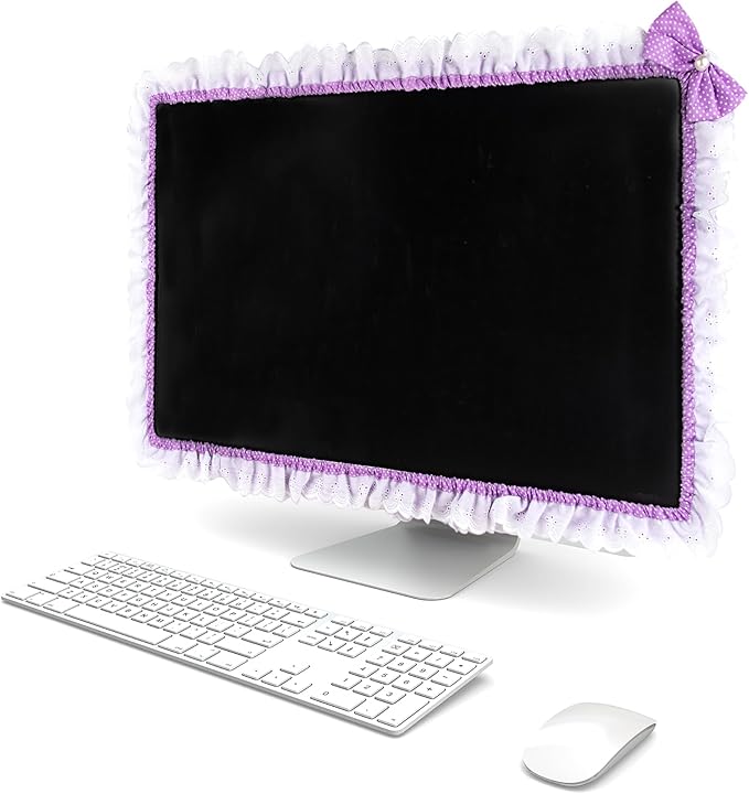 Kingshion 32"-38" Lovely Cute Computer Monitor Cover with Lovely Cute Elastic Pen Pocket Bow-knot TV LCD Screen Monitor Decoration Dust Cover Protector, Lace Fabric - purple