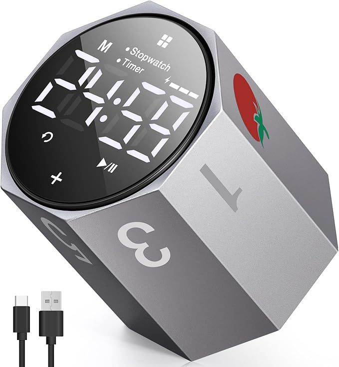 Digital Pomodoro Timer,Frosted Metal Productivity Cube Timer,1.8 in LED Digital Large Screen and Auto-Rotating Display,1/3/5/10/25/30/60min&Custom Time, Silent & Alarm,for Office, Study, Work(Grey)