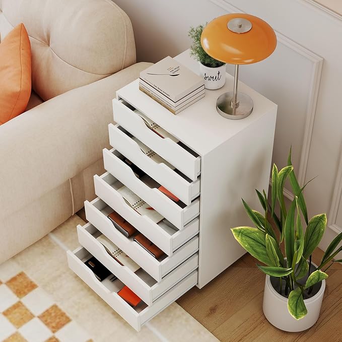 Giantex Drawers Cabinet Mobile Lateral Filing Organizer with 7 Drawers and Wheels Mobile Side Cabinet Chest for Home Office Storage Use 7-Drawer Dresser (19” x 16” x 34.5”, White)