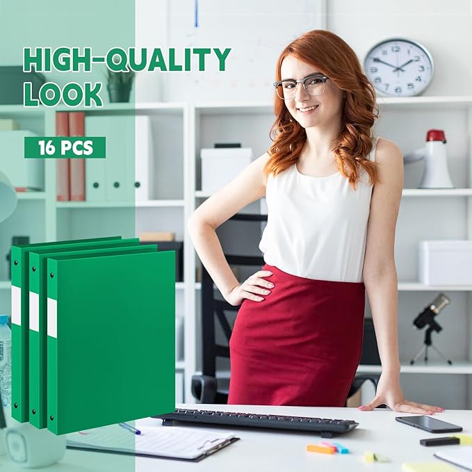Henoyso 16 Pcs 3 Ring Binder 0.5 Inch Round Fits Letter Size 8.5'' x 11'' Paper Plastic Flexible Binder Bulk Holds 140 Sheets with 1 Pockets Versatile Organizer for Home Office School (Green)