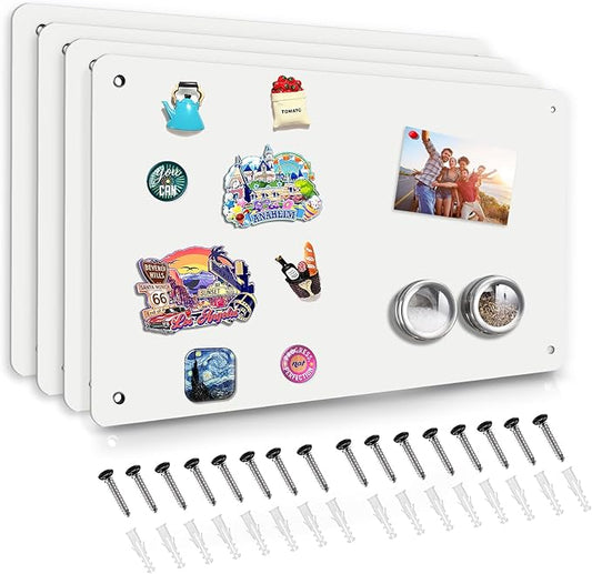 4 Pack White Magnetic Board,17.5" x 11.4" Magnet Bulletin Board to Display Magnetic Notes, Poetry, Photos, Suitable for Wall, Refrigerator, Cabinet etc, Come with 16 Plastic Anchor Bolts and Screws