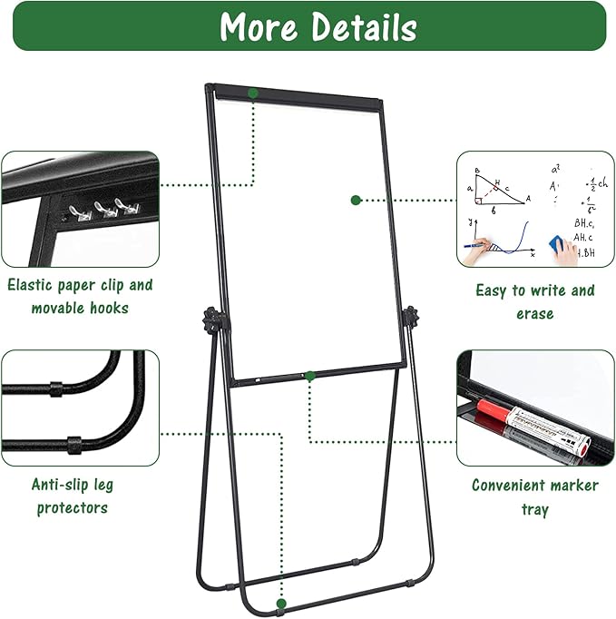 Stand White Board Magnetic 40 x 28 inches Dry Erase Board Double Sided Height Adjustable Flip Chart Easel with Flipchart Hooks for Teaching Presentation Meeting, Black