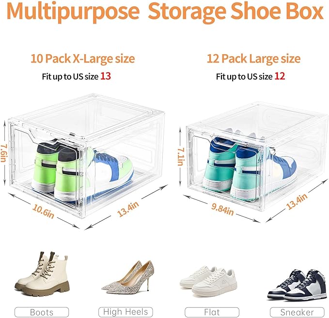 10 Pack Large Shoe Boxes Clear Plastic Stackable,Shoe Storage Organizer with Lids,Shoe Rack for Closet,Shoe Organizer and Shoe Containers for Sneaker Storage, Shoe Display Case Fit up to US Size 13