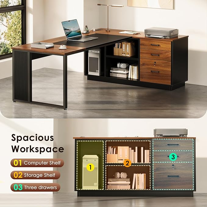 AODK 71 Inch Executive Desk, L Shaped Desk with Drawers and File Cabinet, Large Office Desk with Storage Shelves, Corner Computer Desk for Home Office, Walnut + Black