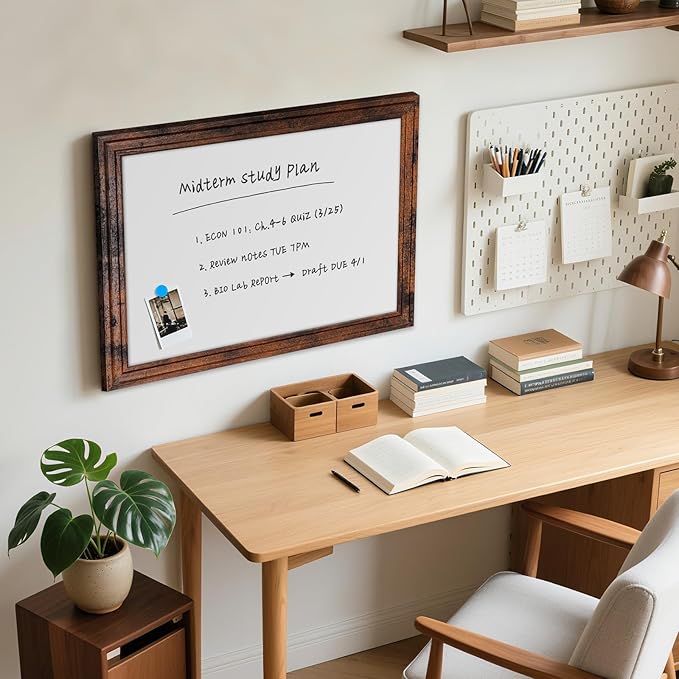 White Board for Wall, 24'' x 18'' Magnetic Dry Erase Board, Decorative Whiteboard, Brown Vintage Wooden Frame