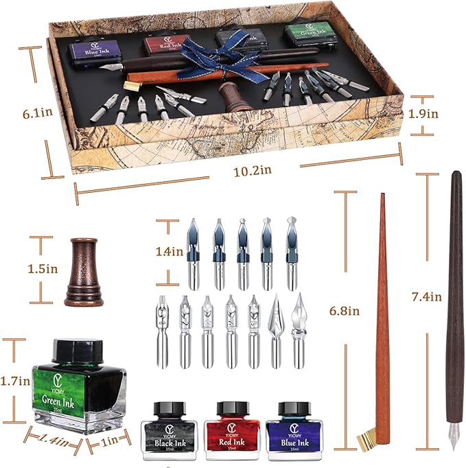 YICMY Calligraphy Pen Set,Calligraphy Set For Beginners Includes Oblique Pen Wooden Calligraphy Pen 12 Pen Nibs & 4 Different Color Inks Dip Pen Set Fountain Pen Set Retro Gift