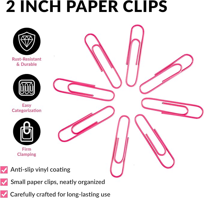 Jumbo Paper Clips, 2 Inch Large Paper Clip, 100 pcs Paperclips (Jumbo, Pink)