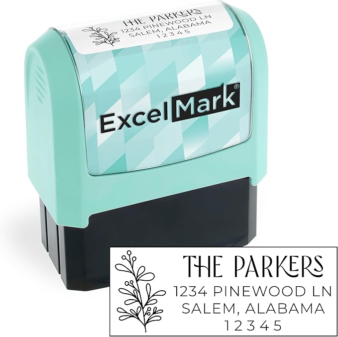 ExcelMark Address Stamp - Custom Return Address Stamp with Elegant Designs, Vibrant Colors & Patterns – Perfect for Mail, Invitations & Gifts (Seafoam Mount, Foliage Edge)