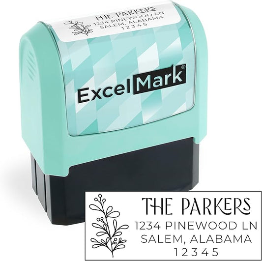 ExcelMark Address Stamp - Custom Return Address Stamp with Elegant Designs, Vibrant Colors & Patterns – Perfect for Mail, Invitations & Gifts (Seafoam Mount, Foliage Edge)