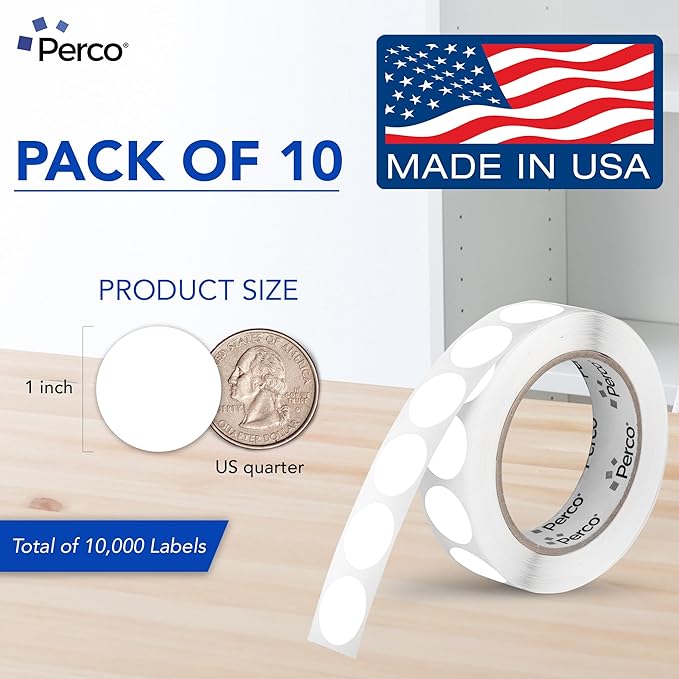 Perco White 1-Inch Perforated Circle Dot Sticker Labels — 10 Rolls, 10,000 Round Stickers — with Permanent Adhesive for Inventory Management, Color Coding, Garage Sales, Crafts—Made in USA