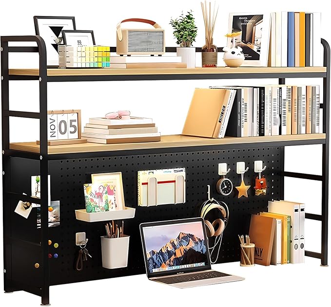 ZWCQSYS 2-Tier Desktop Bookshelf Hutch - Metal Desk Shelf Bookcase with Desk Pegboard Countertop Storage Organizer Rack for Dorm or Office (B, 70cm/27.5in)