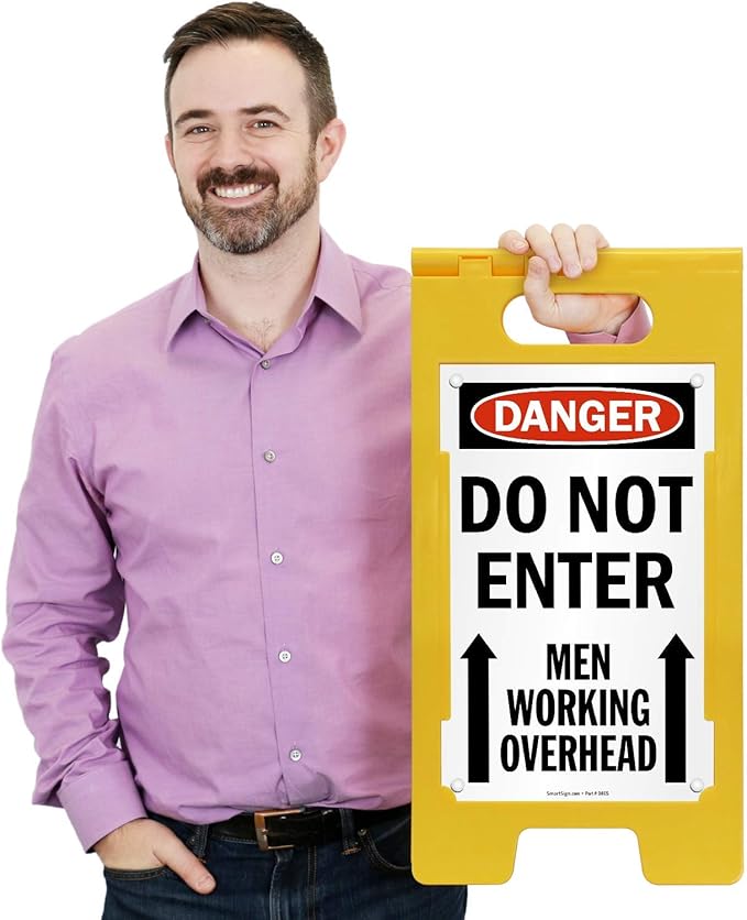 SmartSign 25 x 12 inch “Danger - Do Not Enter, Men Working Overhead” Two-Sided Folding Floor Sign with Up Arrows, Digitally Printed Polypropylene Plastic, Multicolor, Made in USA