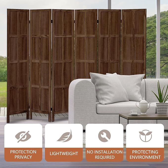 Leesinwing Wood Room Divider 6 Panel Folding Privacy Screen, Classic 5.6Ft Indoor Wooden Partition, Portable Partition Wall Divider for Room Separation, Home, Office, Bedroom, Restaurant (Brown)