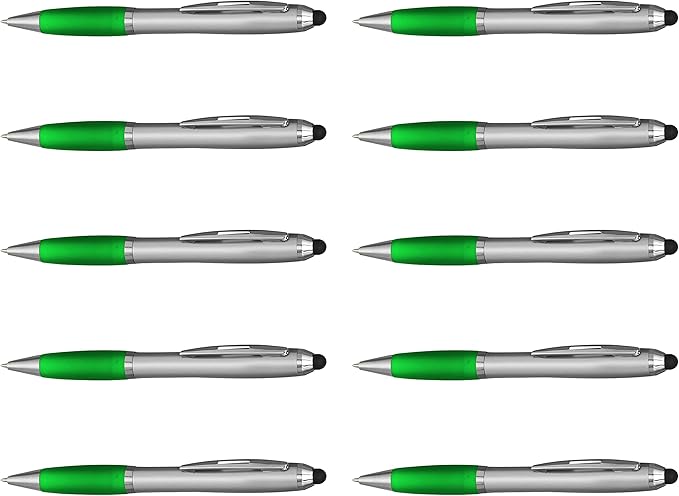 DISCOUNT PROMOS Stylus Ballpoint Pens Set of 10, Bulk Pack - Black Ink, Great for Office, School, Business, Tradeshows, Events - Green