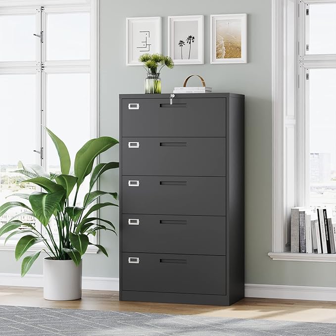 MIIIKO Lateral File Cabinet with Lock, 5 Drawer Metal File Cabinets 35.4" Wide, Home Office Locking Filing Cabinets for Legal Letter File Folders