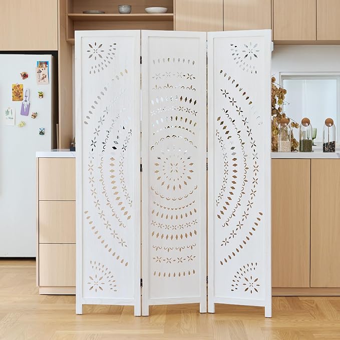 66.9Inch Folding Room Divider, 3 Panels Wood Carved Privacy Screens, Free Assembled Freestanding Partition for Home Office Restaurant Bedroom (White-Washed)