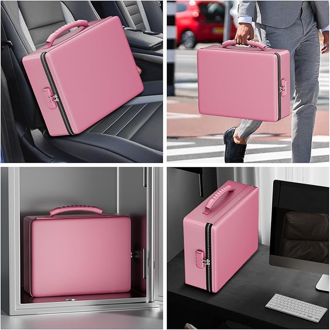 ENGPOW Fireproof Document Box, Hard Case File Box with Fireproof Zipper＆Lock, 6400°F Heat Insulated Fire and Water Resistant File Organizer Storage Safe for Important Documents Laptop Cash, Pink