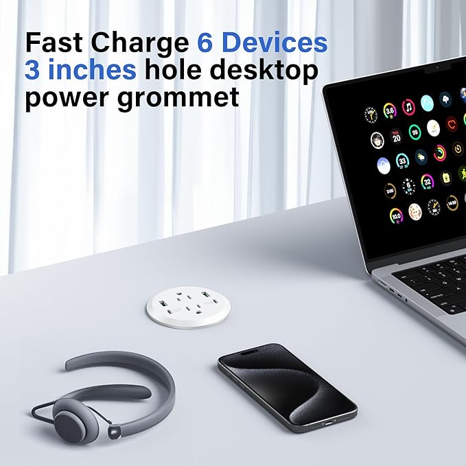Desktop Power Grommet 3-inch Hole,40W Total Fast Charging Station, 2 PD 20W USB C Port,Flush-Mount Recessed Power Strip, 2 AC Outlets,4 USB Ports,in to The Top of Your Desk,6ft Cord
