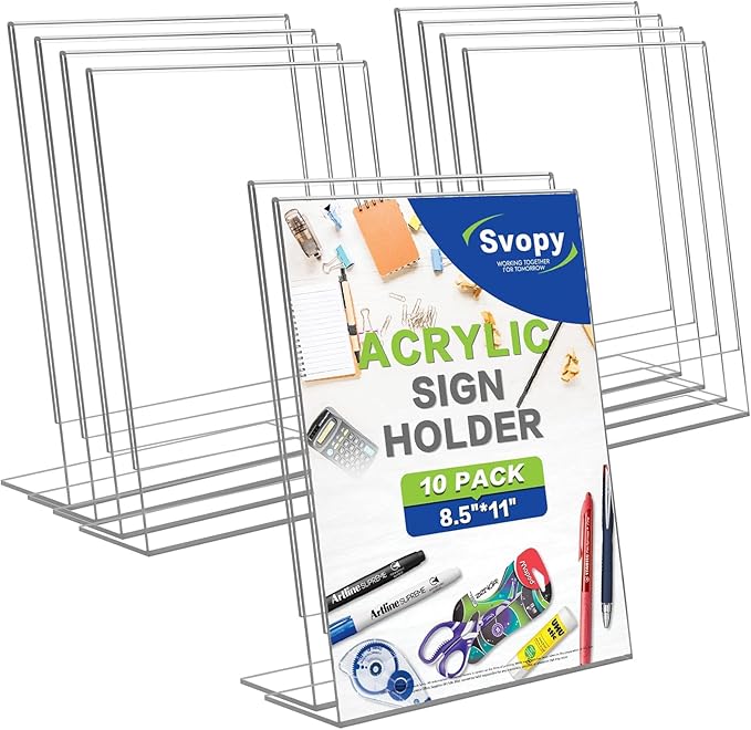 SVOPY Acrylic Sign Stand Holders - 8.5 x 11 Clear Plastic Table Paper Display Stand, Suit for Displaying Posters, Picture, Flyers, Menu - 10 Pack