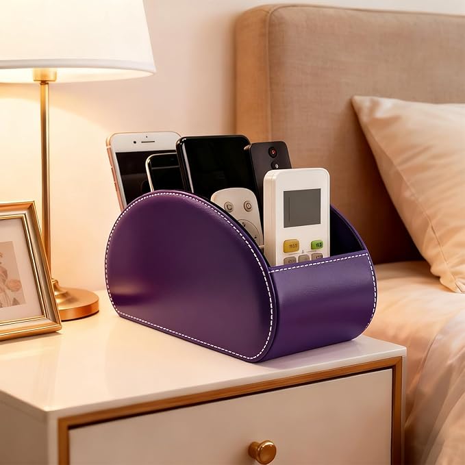 Remote Control Holders Organizer Box with 5 Compartment PU Leather Multi-functional Office Desk Storage Caddy Store Tv Remote for Media Player,Brush,Pencil,Glassees&Office Supplies (Dark Purple)