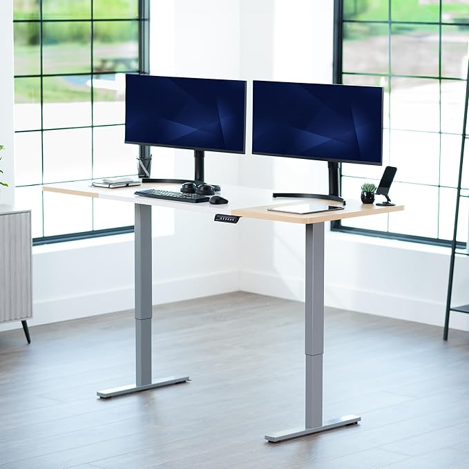 VIVO Electric 71 x 30 in Standing Desk, Memory Height Adjustment, 1B Series, Holds 220 lbs, White and Light Wood, Top Gray Frame, DESK-KIT-1G7WC