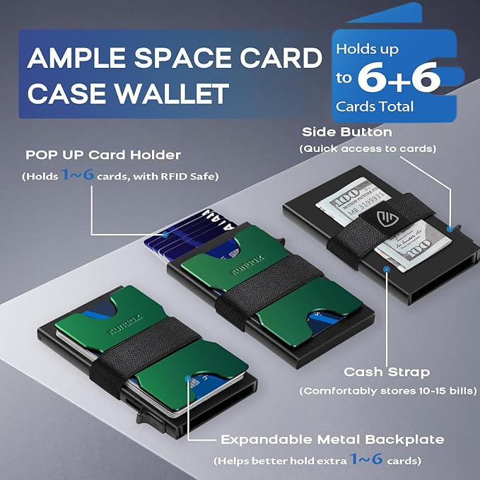 RUNBOX Slim Card Holder Wallet for Men, Minimalist RFID Blocking Wallet with Pop-Up Function, Ultra-Thin Design, Metal Business Card Cases holds 6+6 Cards, Gifts for Men, Men's Accessories