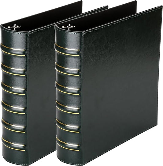 LETVPVOW Vintage Hardback 3 Ring Binder 2 Inch, Professional Leather Binders 2 Inch D Ring, Holds 400 Sheets Capacity 2 Pack - Dark Green
