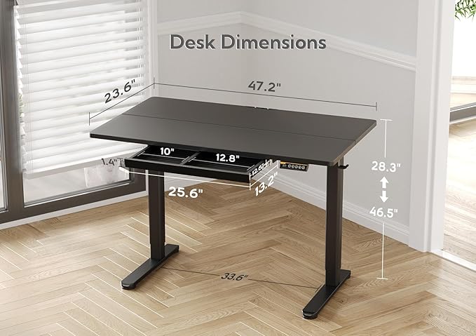 Claiks Standing Desk with Drawers, 48x24 Inch Electric Stand Up Desk, Adjustable Height Computer Workstation, Black