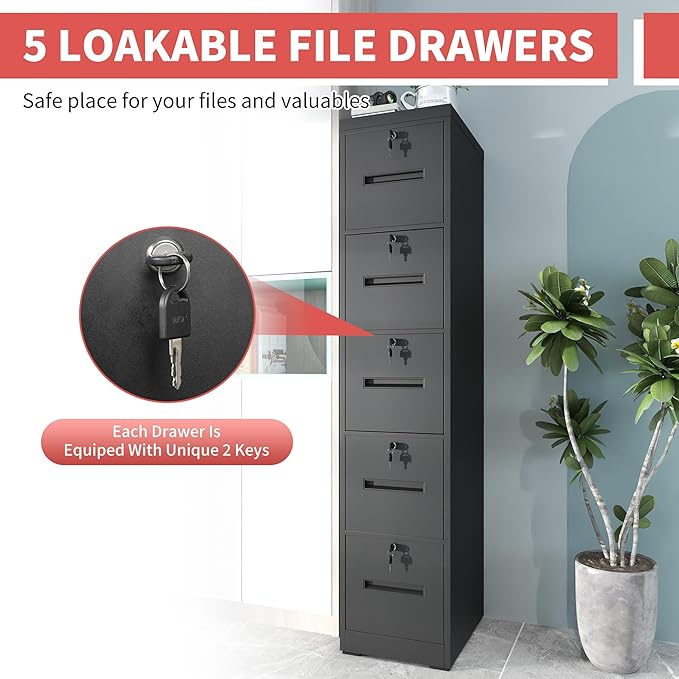 OPTYMIRA 5 Drawer Metal File Cabinet with 5 Unique Locks Black Heavy Duty Locking File Cabinets Home Office Steel Filing Cabinet Vertical File Cabinets for Legal/Letter Size File,Assembly Required