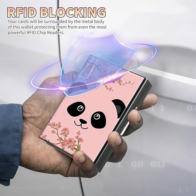 BWEGRHE Slim Credit Card Holder, Panda Sakura RFID Blocking Metal Wallet for Men & Women, Aluminum Minimalist Hard Case Pocket-Sized Business Cards Organizer (Fits Up to 10 Cards)