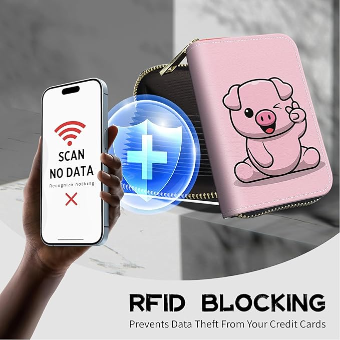BWEGRHE Cute Credit Card Holder with Zipper, Pink Pig RFID-Blocking Card Case Small Wallet for Women Men, Multi-slot Card Organizer Case Travel Accordion Wallet