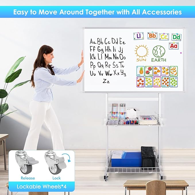 maxtek Rolling Whiteboard, 48x32 Large Magnetic White Board with Stands, Big White Board Dry Erase on Wheels with Baskets for Classroom, Office, Homeschool, Home Office