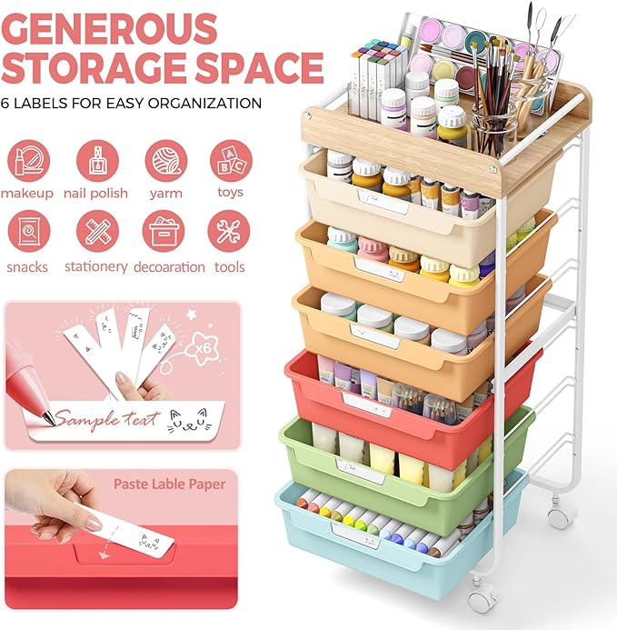 Rolling Storage Utility Cart With 6 Drawers,Art Supply Craft Organizer,Sewing Makeup Organizer And Storage,Office Organization Wooden Tabletop,Rainbow