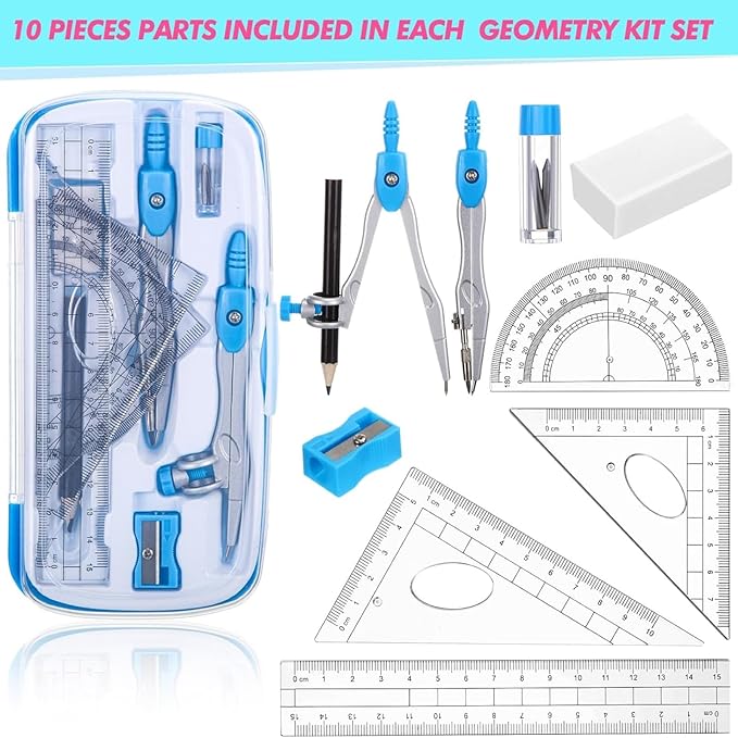 Zonon 6 Sets Math Geometry Kit Student 10 Pcs Shatterproof Storage Box Includes Compass, Rulers, Protractor, Eraser, Pencil Sharpener, Lead Refills, Pencil for Back to School Students Class Teacher