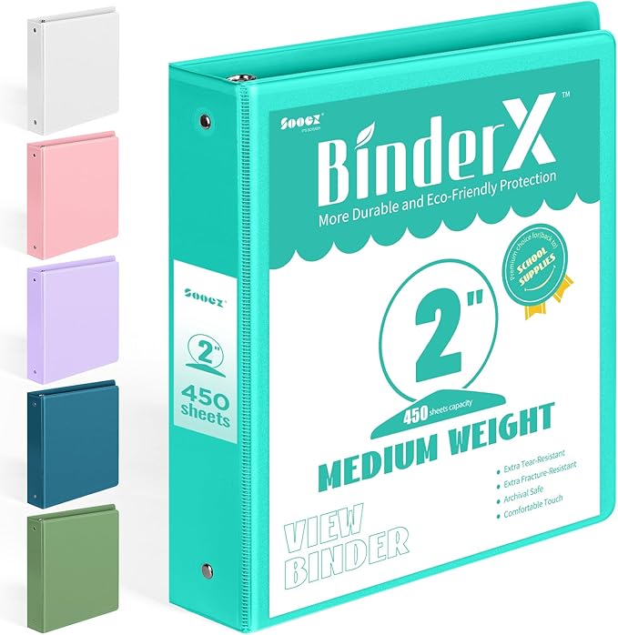 BinderX Extra Durable 3 Ring Binder, Round Ring 2 Inch Binders, Fits 450 Sheets of 8.5x11 Paper, Customizable View Cover with Inside Pockets, Cute 2" Binder, School Supplies for Girls, Aqua Blue