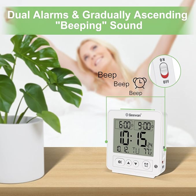 Geevon Atomic Travel Alarm Clock with Auto/8s Backlight, 2 Alarm Settings, Temperature Detect, Increasing Beep Sounds Digital Atomic Travel Clock Battery Operated for Bedroom, Bedside, White