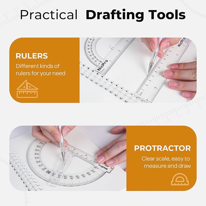 Nicpro 22 PCS Compass Geometry Tools with Case, Drafting Tools Geometry Set with Swing Arm Protractor, Rulers, Metal Compass, Square Set, Mechanical Pencil, Back to School Supplies for Students