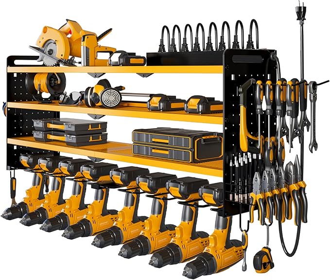 NattyDot Power Tool Organizer Wall Mount with Charging Station, 8 Drill Holder, 4 Layer Storage Rack for Garage Organization, Tool Holder with 8 Outlet Power Strip (Yellow)
