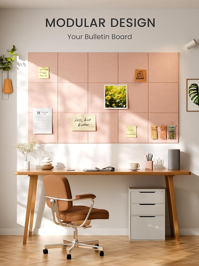 Bumusty Large Cork Board 47"x35" Alternative - 12 Pack Felt Wall Tiles with 70 Safe Removable Adhesive Tabs, 30 Pushpins, Cork Boards for Walls Pin Board Bulletin Board Office Decor (Pink)