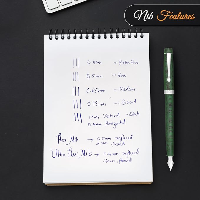 FPR Himalaya V2-Chrome Ultra Flex Nib Pen - Twist-Style Converter Filled Calligraphy Pens for Writing - Fancy Pens for Men & Women - Flex Fountain Pen w/Metal Clip & Cap Ring (Green Ebonite)