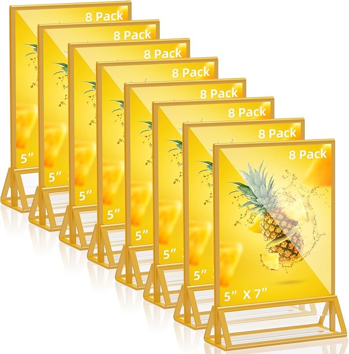 PPH-Sisy Acrylic Sign Holder 5x7 Gold Picture Frame Clear Acrylic Frames Display Stand Double Sided Table Menu Holders for Wedding Table Numbers Restaurant Photos (8 pcs)