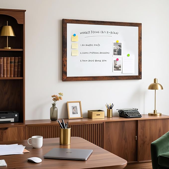 Large White Board for Wall, 36'' x 24'' Magnetic Dry Erase Board, Decorative Whiteboard, Brown Vintage Wooden Frame