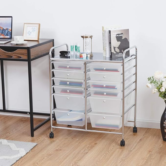 Happygrill 12-Drawer Rolling Storage Cart, Multipurpose Storage Cart W/Lockable Wheels, 2 Sizes Plastic Drawers & Metal Shelf, Mobile Utility Cart for Home Office School